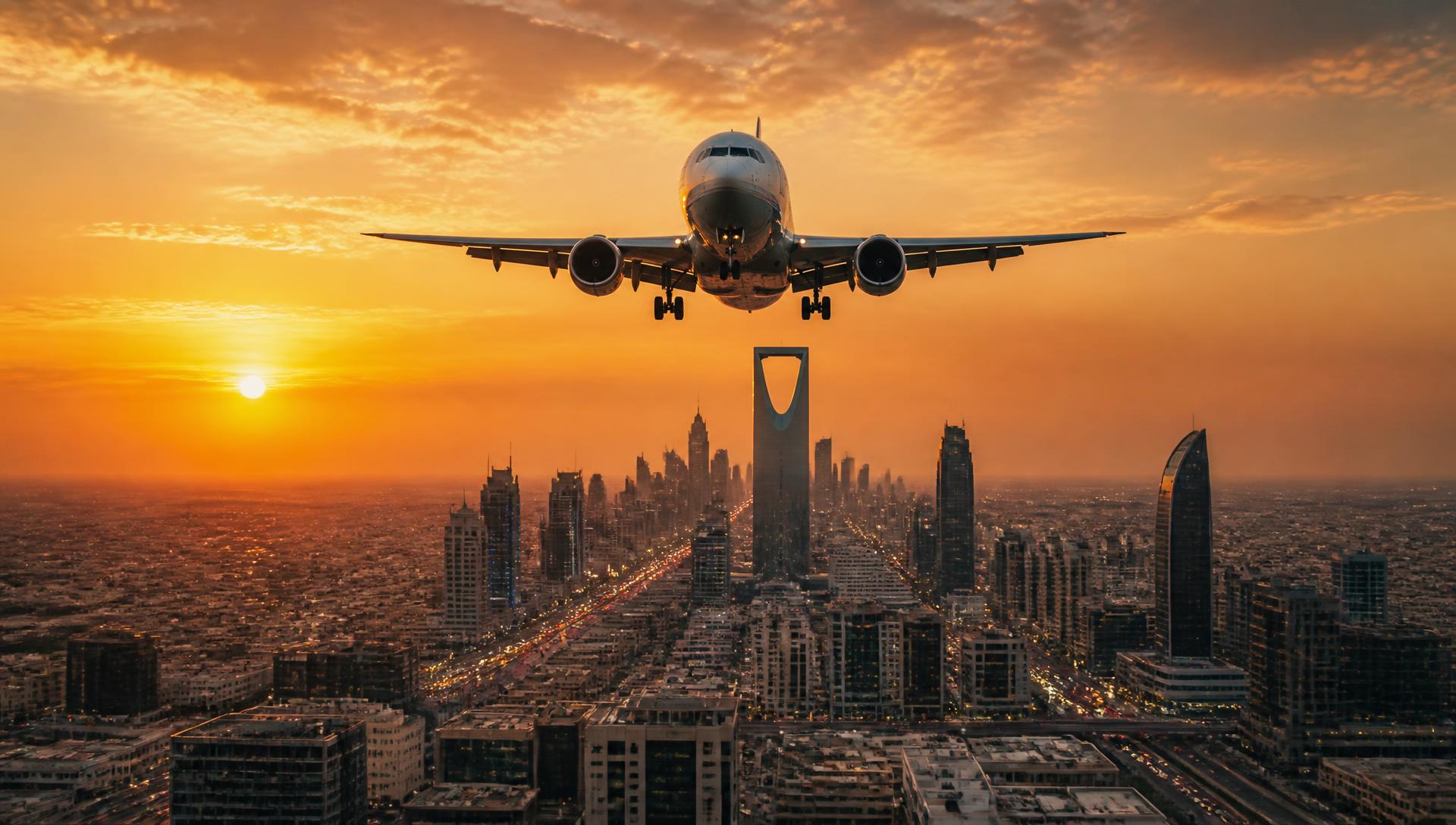 طائرة تحلق فوق أفق مدينة سعودية عند الغروب